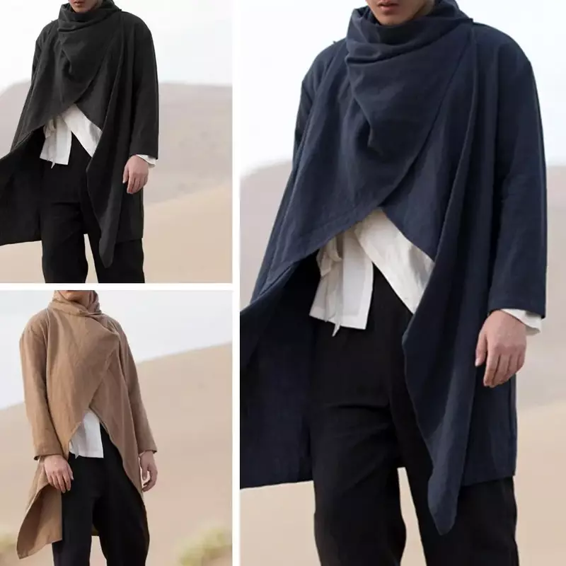 Abrigos de manga larga para hombre, gabardina de algodón con cuello de bufanda, capa sólida, chaquetas irregulares Vintage, ropa de calle