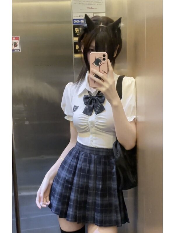 일본 한국 아카데미 스타일 JK 유니폼, 버블 슬리브 티셔츠, 여성 스파이시 허리 반팔, 다용도 섹시 JK 유니폼 세트