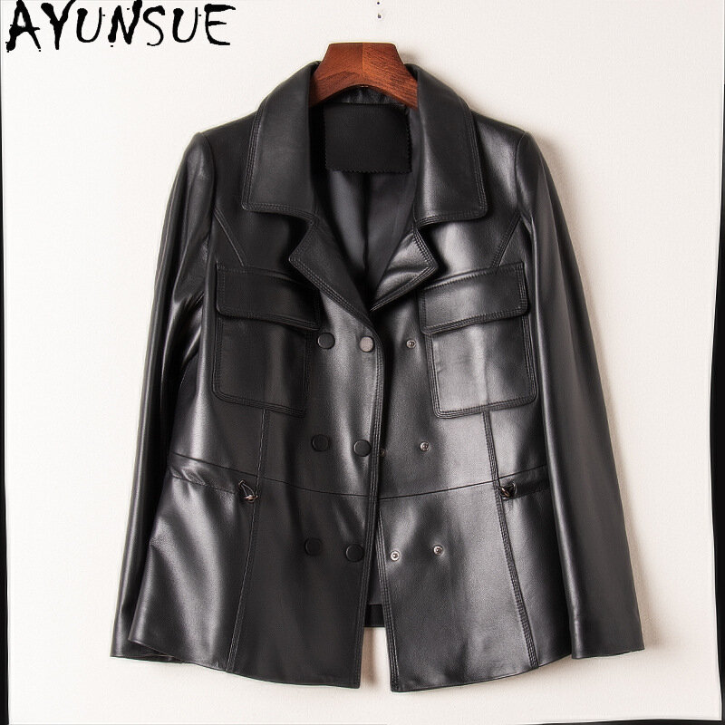 AYUNSUE Genuine Sheepskin Leather Jacket Women Elegant Waist Drawstring Real Leather Coat Suit Collar Jaqueta Couro Feminina