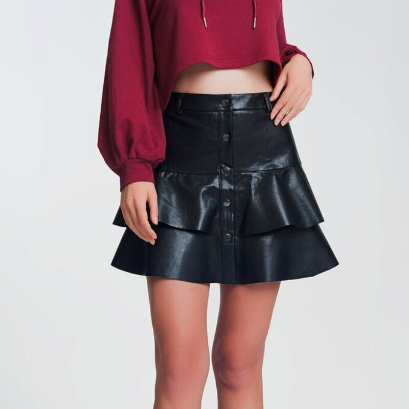 Mini jupe évasée en cuir pour femmes, Vintage, belle, mode, à volants, noire