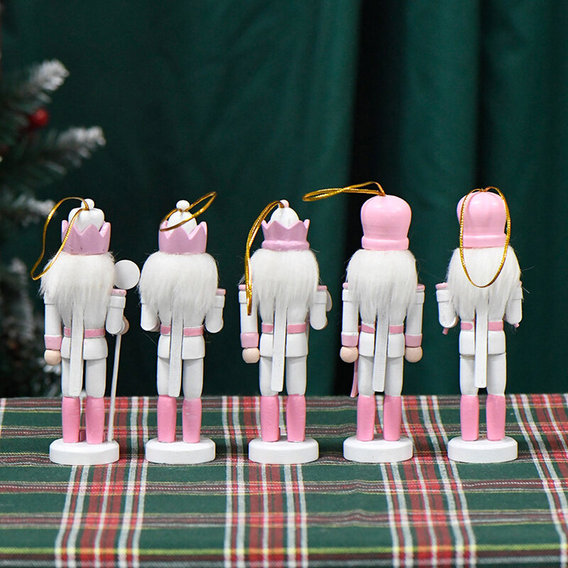 1 sztuka 13CM biało-różowy drewniany dziadek do orzechów marionetka żołnierz wisiorek Vintage Ornament rzemieślniczy boże narodzenie nowy rok dekoracja domu