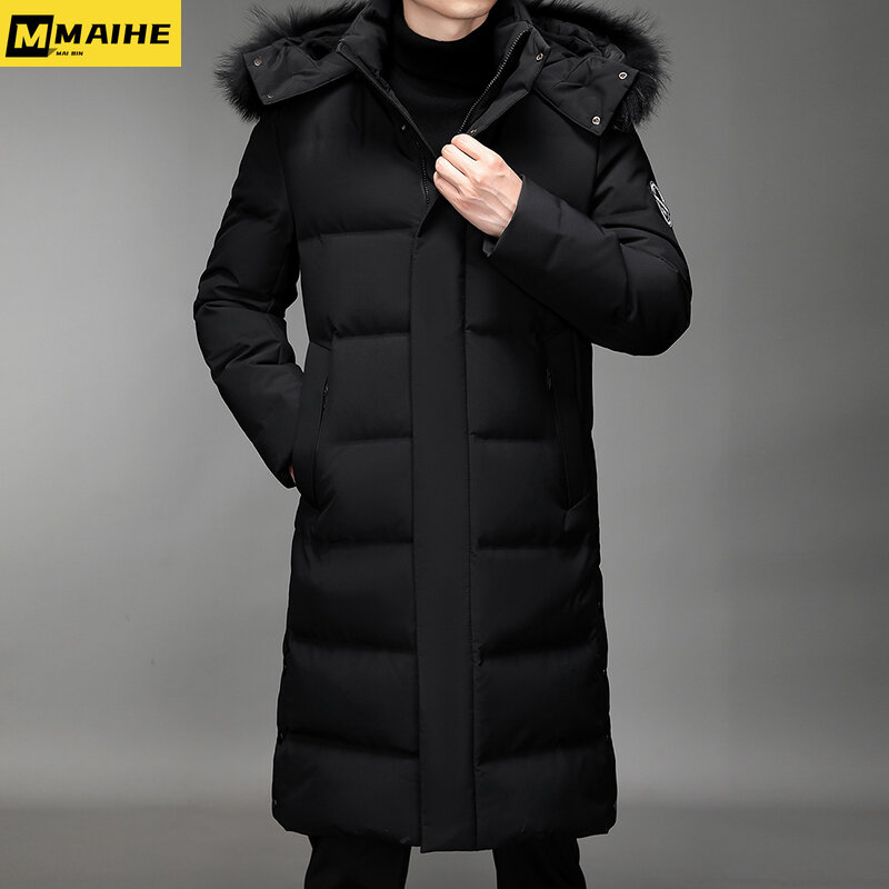 Casaco de pato com capuz masculino com gola de pele, casaco longo de inverno, parka esportiva ao frio extremo, top branco, roupas luxuosas, esqui