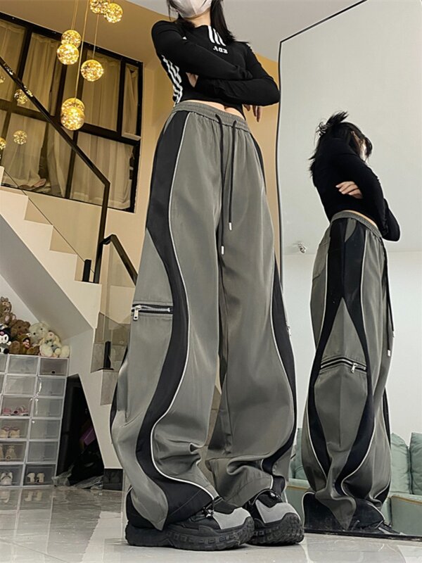 Женские брюки Y2K в стиле панк с широкими штанинами, шикарные штаны с завязками и карманами, спортивные брюки-багги в полоску с парашютом, штаны для бега