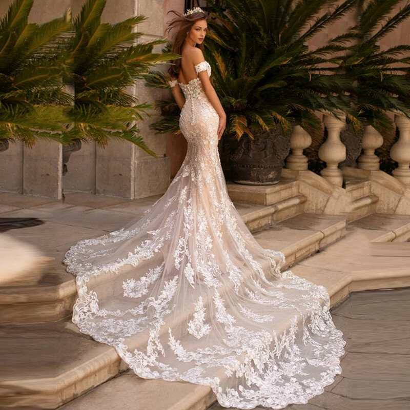 LoveDress gaun pernikahan renda putri duyung seksi gaun pengantin dengan kereta berkancing punggung terbuka gaun pengantin wanita
