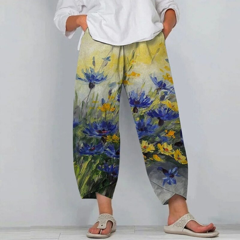 กางเกงลำลองพิมพ์ลายดอกไม้ฤดูร้อนกางเกงวินเทจ Y2k สตรีทแวร์กางเกงขายาวเดินชายหาดทรงหลวมมีกระเป๋า