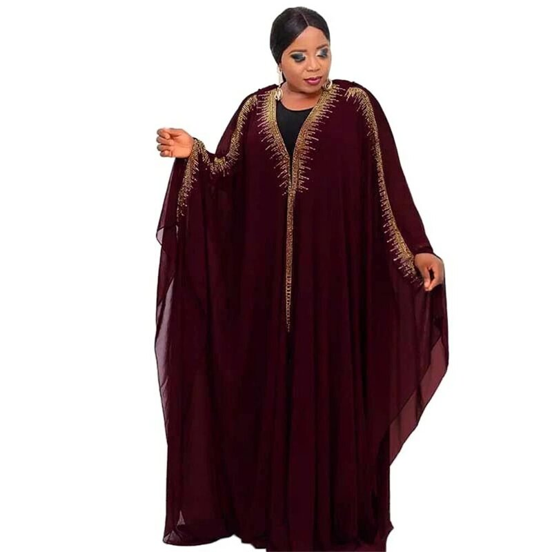 2023 African Dress Muslim Women's Middle East Chiffon Hot Drill Hooded Skirt Arab Long Burqa 8724#