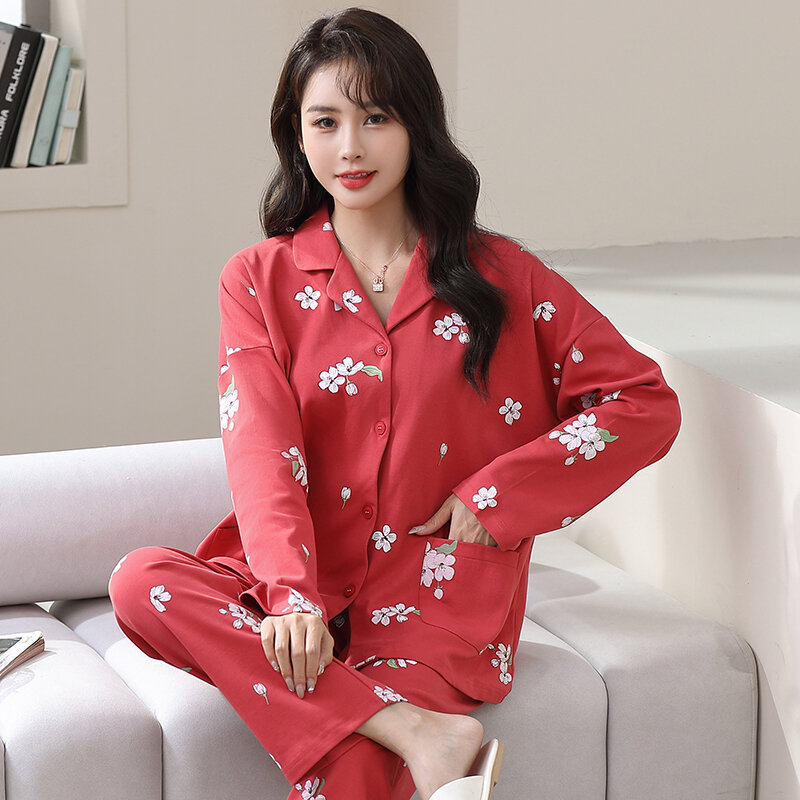 Conjunto de pijamas de manga larga para mujer, ropa de dormir con cuello vuelto, Floral, para primavera y otoño, novedad de M-3XL