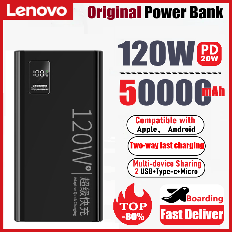 Lenovo-Carregador de Bateria Portátil de Alta Capacidade, Carregamento Super Rápido, 120W, 50000mAh, Xiaomi, iPhone, Samsung, Huawei