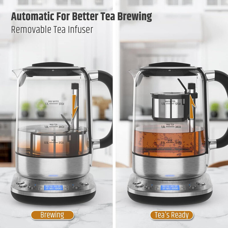 Tea Maker 1.7L with Automatic Infuser for Tea Brewing, Stainless Steel Glass Kettle, Presets for 5 Tea Types and 3 Brew Strength
