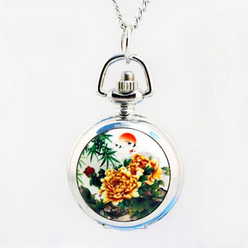 Shsby-relojes de bolsillo con cadena de plata para mujer y niño, pulsera de cuarzo con diseño de flores, a la moda, con dibujos animados