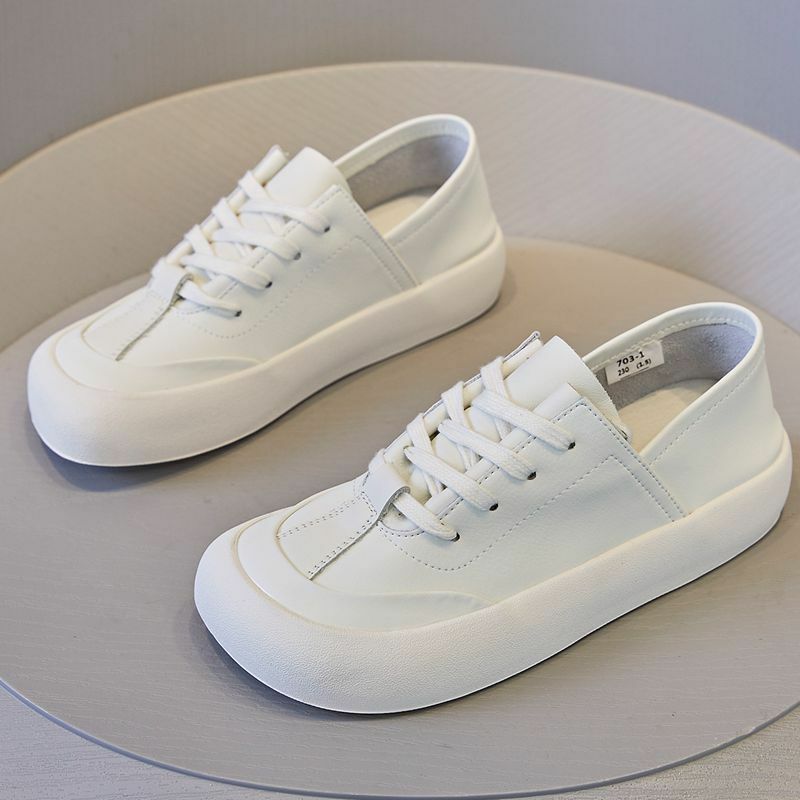 Chaussures blanches à lacets en cuir véritable pour femmes, chaussures à talons plats, baskets à l'offre elles souples, chaussures de loisirs de luxe, chaussures à grosse tête, mode