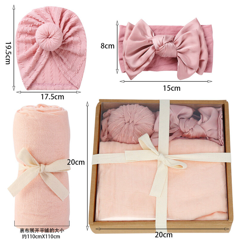 3Pcs/Set Bamboo Muslin Cotton Baby Hat Receiving Blanket Infant Kids Headbands Swaddle Bath Sleeping Bed Cover Accessories