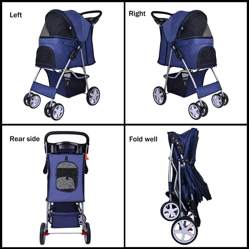 Portátil dobrável azul Pet Stroller, transportadora destacável, 4 Wheel Dog e Cat Transportadora