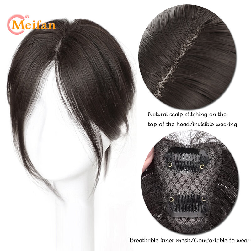 Meifan-女性のための中間部の偽のフリンジ、フレンチ、合成トッパーのヘアピース、クリップイン、ang拡張、自然、目に見えないヘアピース
