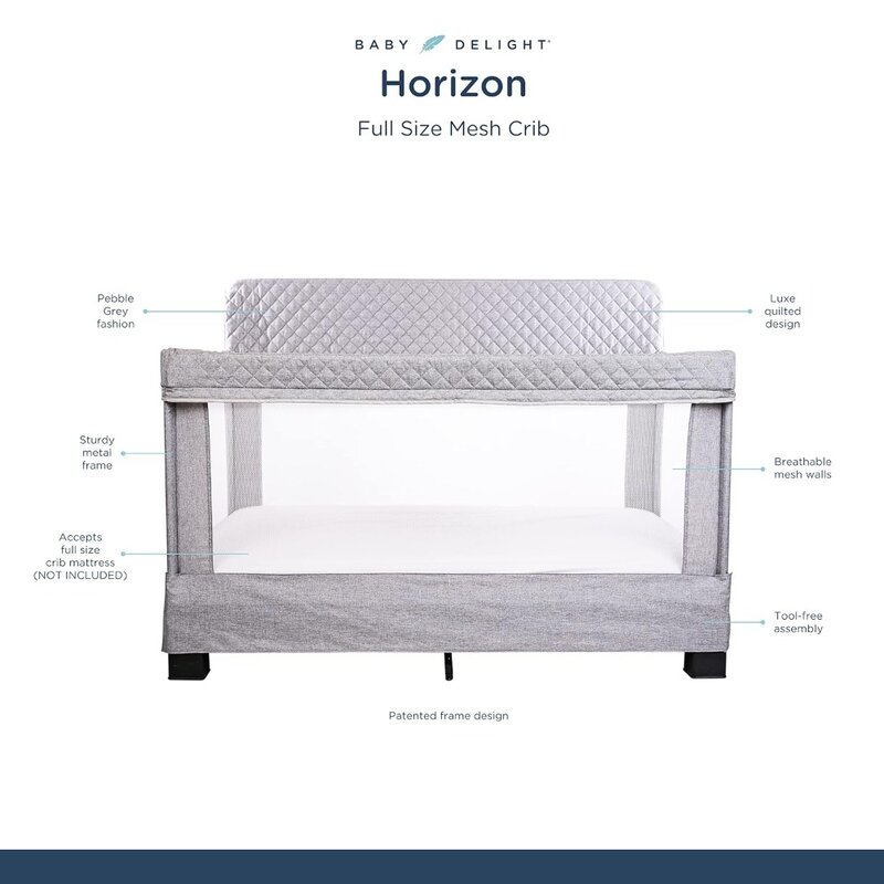 Baby Delight Horizon cuna de tamaño completo, paredes de malla transpirable, cama de bebé de montaje sin herramientas, tela acolchada de lujo fácil de limpiar, gris