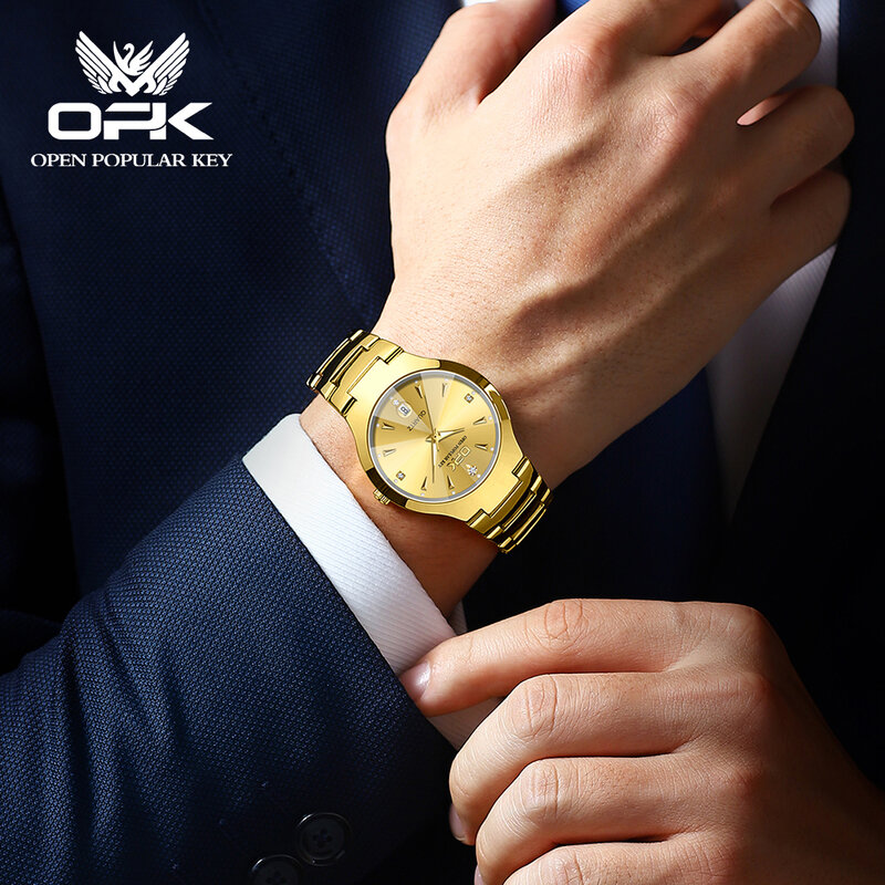 OPK 8105 Couple Quartz Watch Classic Fashion Waterproof Glow Tungsten Steel Band Luxury Date Week Men's and Women's Couple Watch