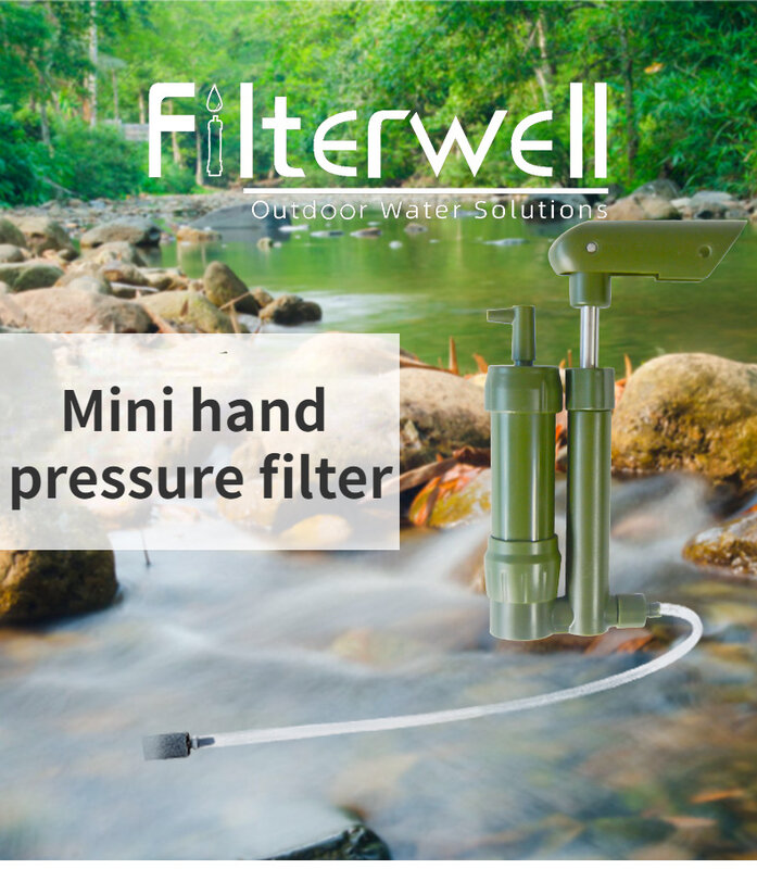 Outdoor Survival Emergency Water Purifier, Filtro pequeno portátil ao ar livre, Camping Hand Pressure