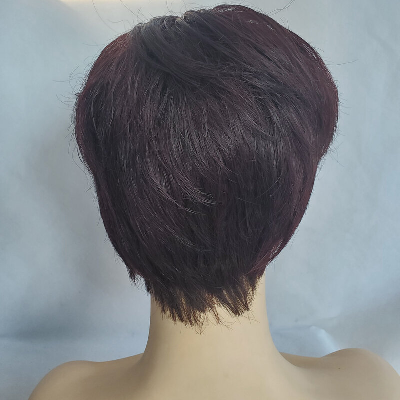 Claret short layered straight short hair wig, with clear layers, made of chemical fiber, showing individual charm