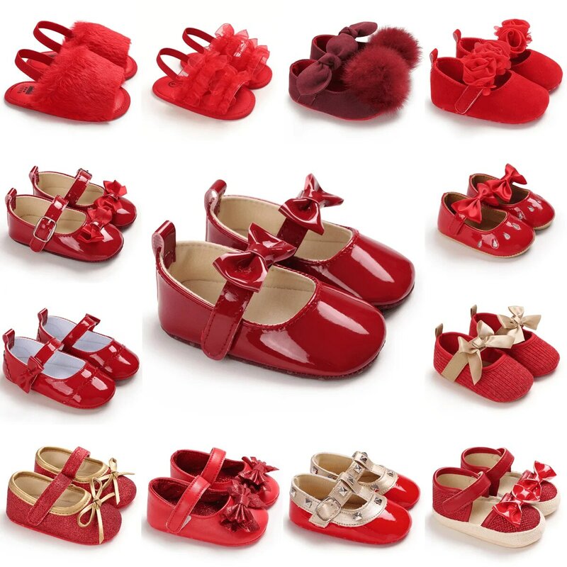 Sepatu Berjalan Pertama Bayi Santai Elegan dan Mulia Sepatu Bawah Kain Antiselip Sepatu Bayi Merah Baru Lahir Fashion Baru