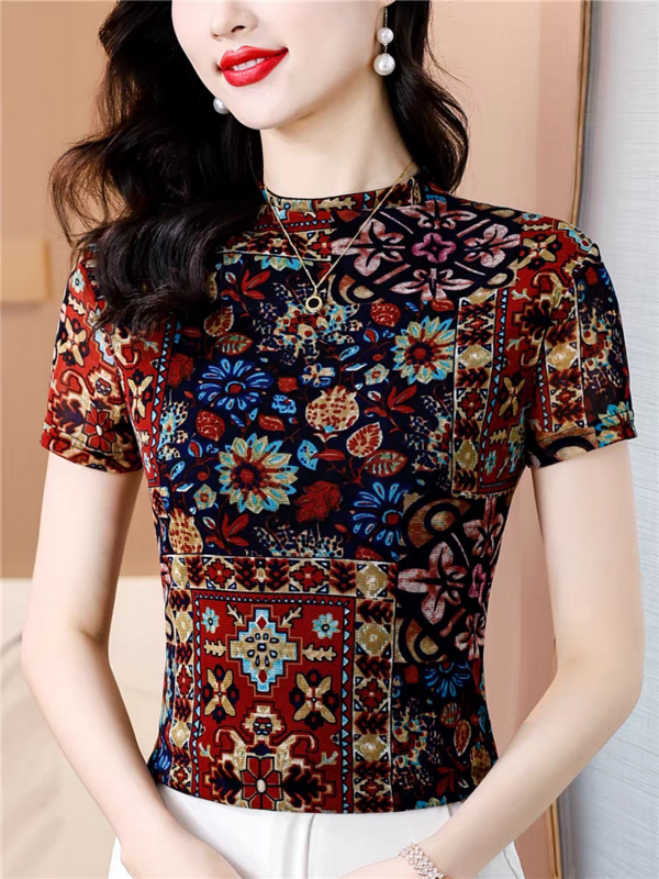 Print Floral Mesh O Neck T Shirts Women Short Sleeve Intimated Silk Lightweight Fabric T-shirt Women Tops M-4XL