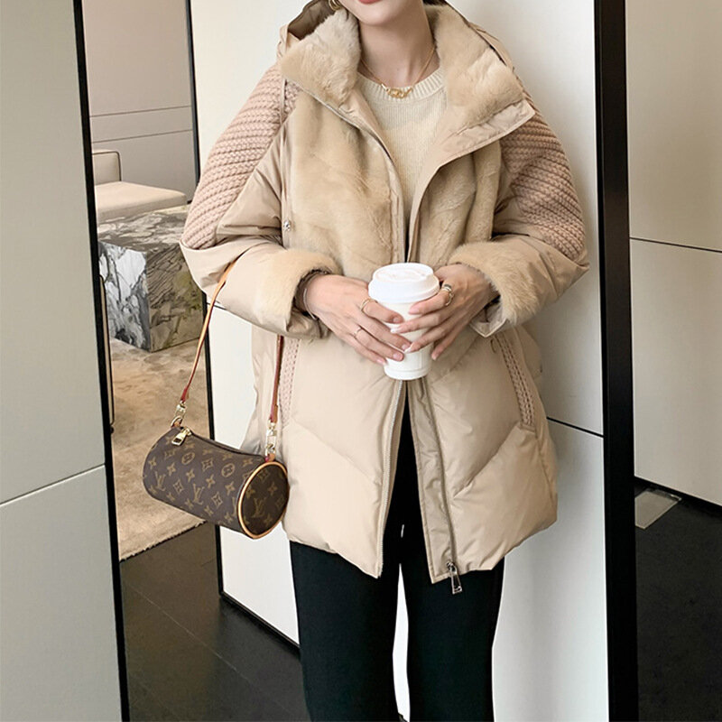 2022 nuovo stile donna moda vera pelliccia di visone Splicing bianco piumino d'oca cappotto di pelliccia con cappuccio calore leggero