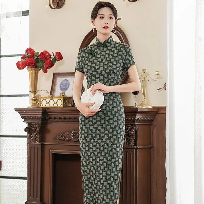 Женское атласное платье в китайском стиле, размеры до 5XL