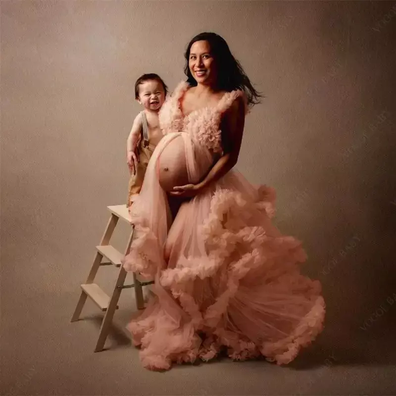Vestidos de baile de maternidade com babados para grávidas, vestido de baile, vestido de noite, chuveiros de bebê, adereços de fotografia, elegante bebê, rosa