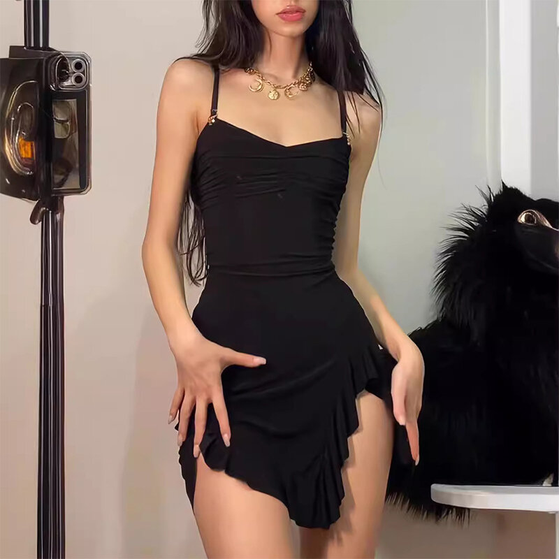Vestido de fenda floral preto feminino, saia de suspensão sem encosto, saia curta coberta de quadril, garota sexy quente, alça