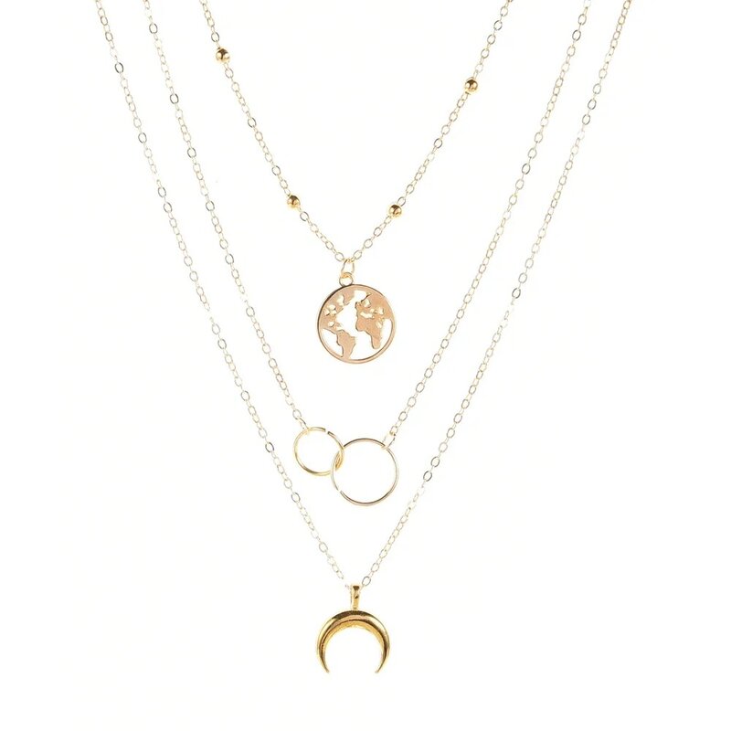 SUMENG 2023 New Fashion Retro Moon World Map Circle Pendant Multilayer Necklace Party Charm Jewelry Accessories For Women Gifts