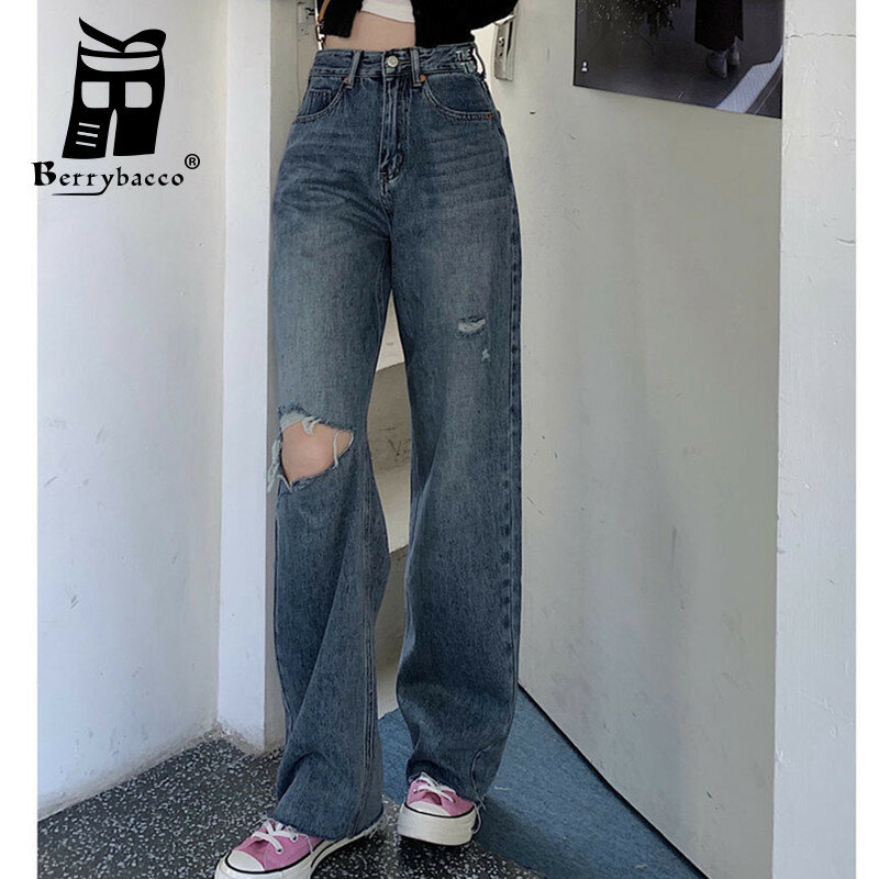 Celana Jeans Lurus Sobek Panjang Celana Wanita Jeans Kaki Lebar Wanita 2022 Celana Denim Fashion Harajuku Kargo Baju Ym2