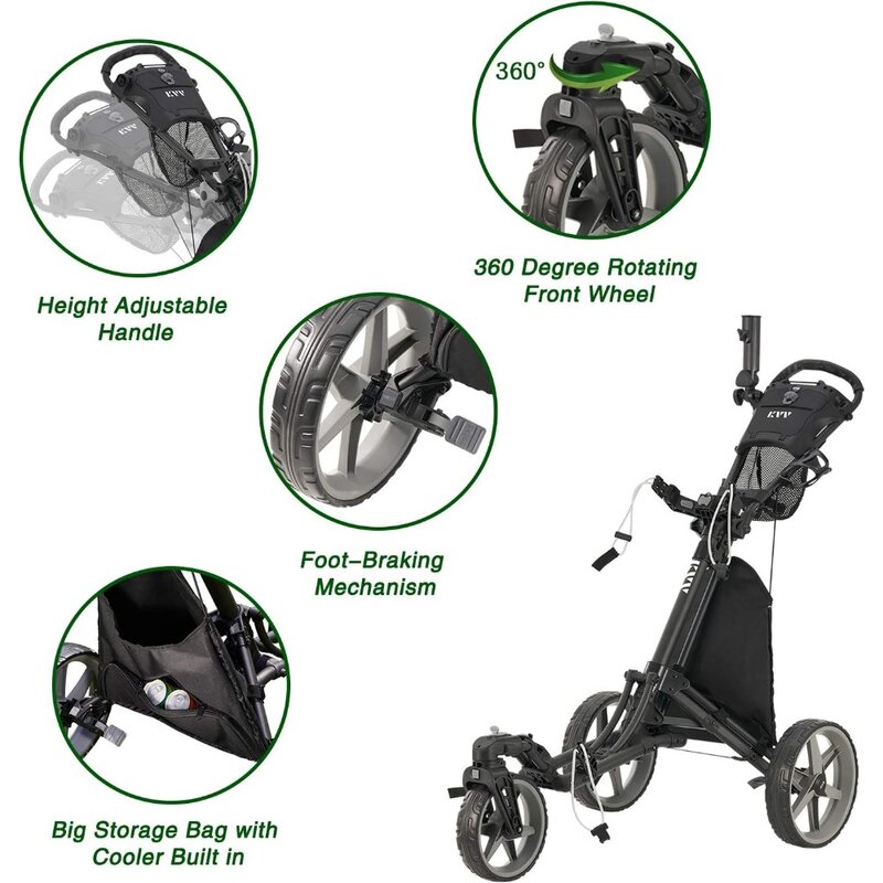 3 Wheel 360 Rotating Front Wheel Golf Push Cart Open and Close in ONE Second-Free Umbrella Holder Included