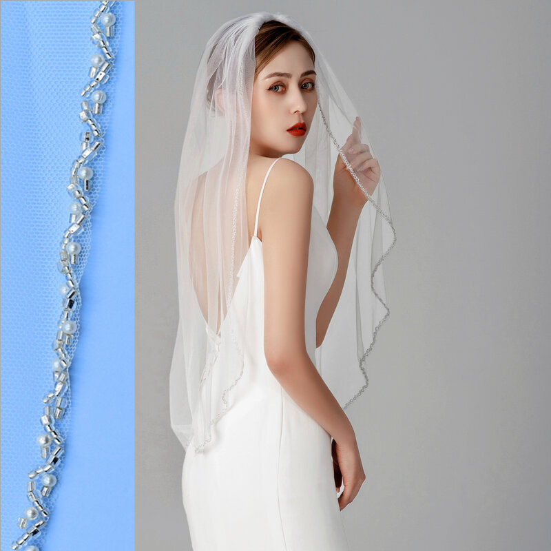 Topqueen v32 véu de noiva cristal frisado borda do grânulo curto véu com pente camada simples véu de noiva com strass cristal claro