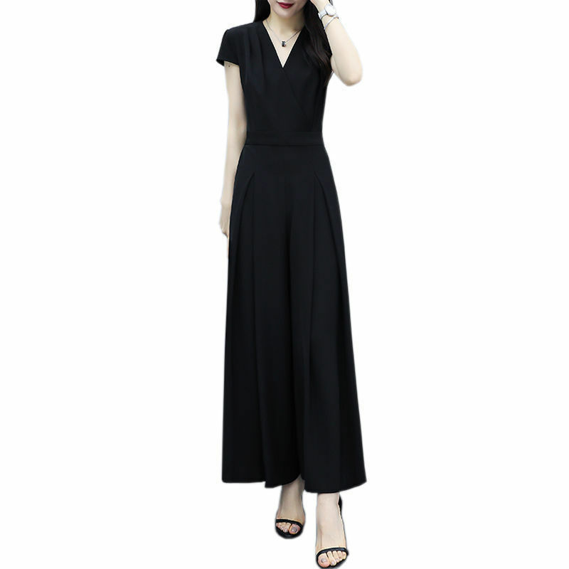 Loose Casual V-neck Waistband Jumpsuit with a Slimming Temperament High Waist Wide Leg Pants Elegant Women's Summer Clothing