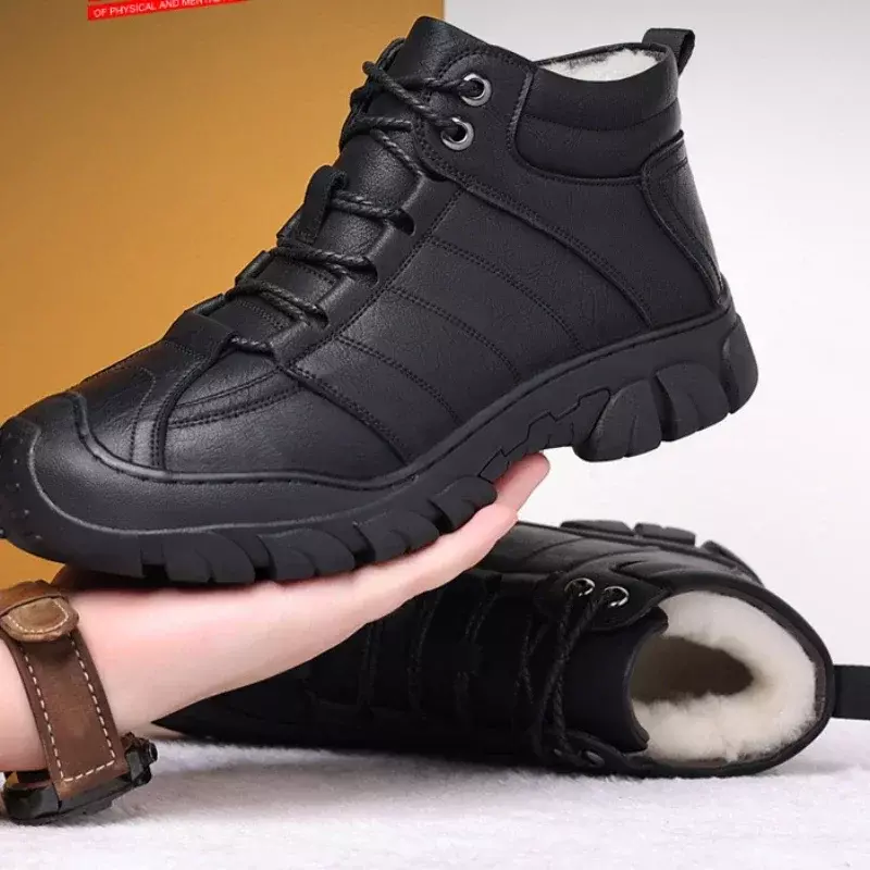 Wool Boots Winter Men's Genuine Leather Cotton Shoes Thick Plush Rubber Hiking Snow Boots Outdoor Men Footwear