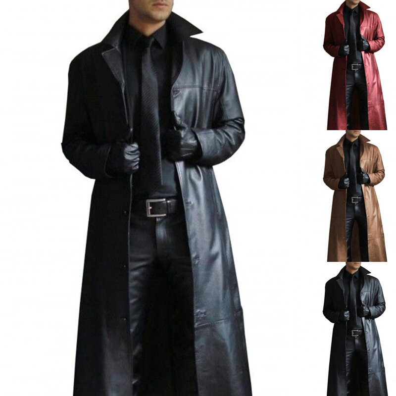 Мужская Длинная кожаная куртка, винтажная теплая верхняя одежда из искусственной кожи в стиле средневековой стимпанк, готический стиль, верхняя одежда для зимы