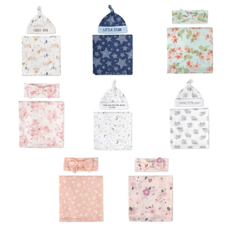 2 Pieces Newborn Baby Microfiber Swaddle Wrap with Beanie Hat Headwrap Set Cute Floral Animal Print Infant Receiving Blanket