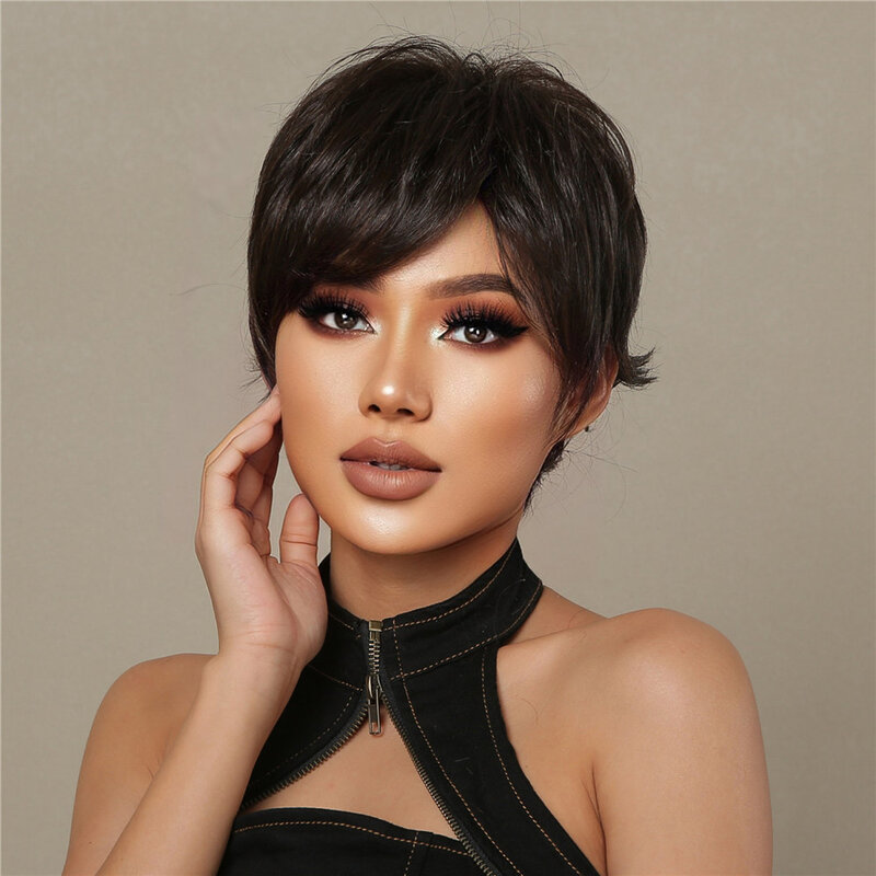 Pixie Cut Natural Black Wavy Wig Short Blend Human Hair Synthetic Wigs Fluffy Layered Bang Natural Heat Resistant Women's Wig