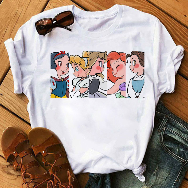 Urocza koszulka Disney Princess z grafiką Cartoon damska koszulka Kawaii ubrania krótki rękaw koszule z nadrukiem T-Shirt Harajuku Y2k ubrania