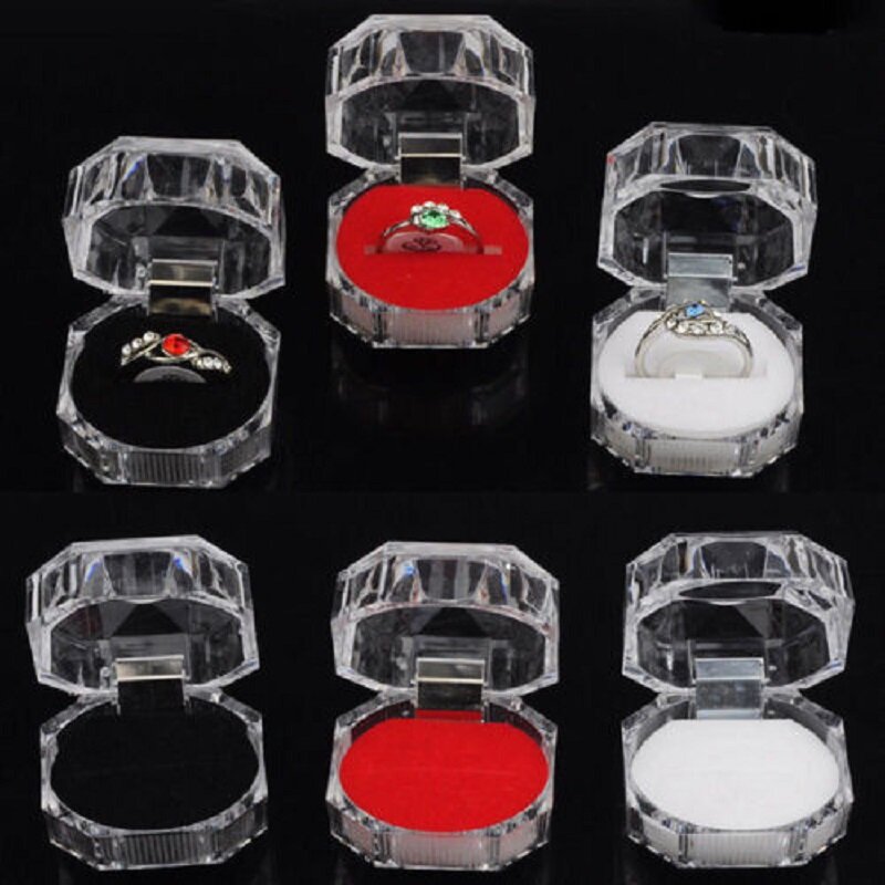Flip Transparente Crystal Ring Case, Brincos Armazenamento Display Holder, Acrílico Octogonal Mini Caixa Organizadora De Jóias, Atacado