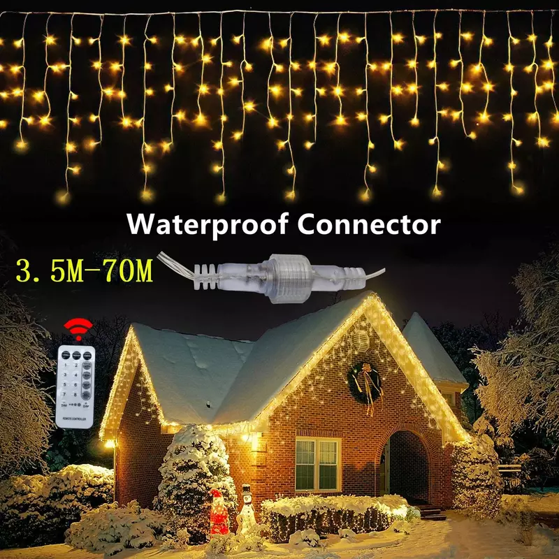Street Garland On The House Christmas Decorations Ornaments LED Festoon Icicle Oudoor Curtain Light 2024 New Year Holiday Decor