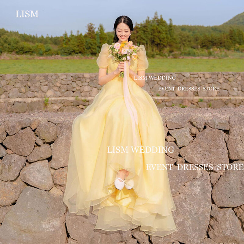 LISM 옐로우 오간자 한국 웨딩 파티 드레스, 스퀘어 칼라, A 라인 퍼프, 짧은 민소매 스트링, 이브닝 원피스 사진 촬영