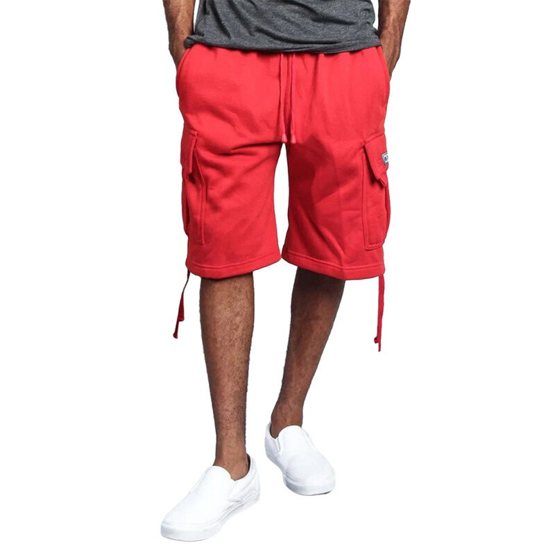 Шорты-карго мужские стрейчевые, повседневные штаны со шнуровкой, средняя талия, карманы в стиле милитари, полиэстер, повседневные