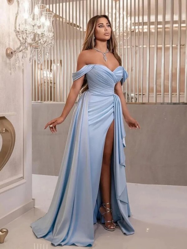 Vestido de noite azul claro cetim feminino, fenda alta, vestido de baile formal, fora do ombro, plissado, luxuoso, casamento, festa
