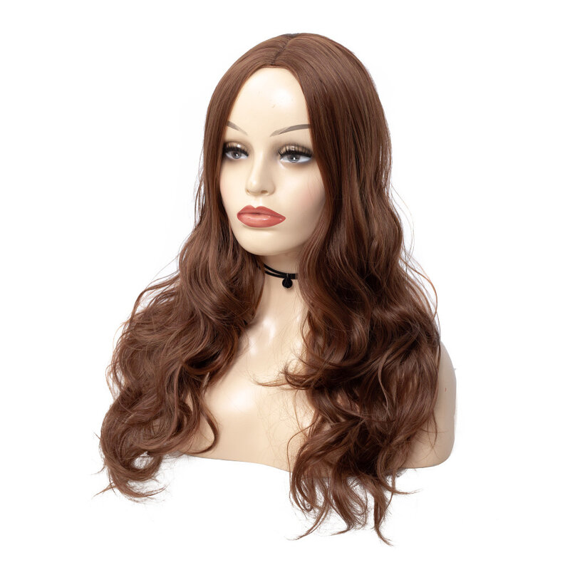 Wig sintetik gelombang besar coklat muda panjang untuk wanita Wig bergelombang rambut alami bagian tengah Wig wanita serat tahan panas Cosplay