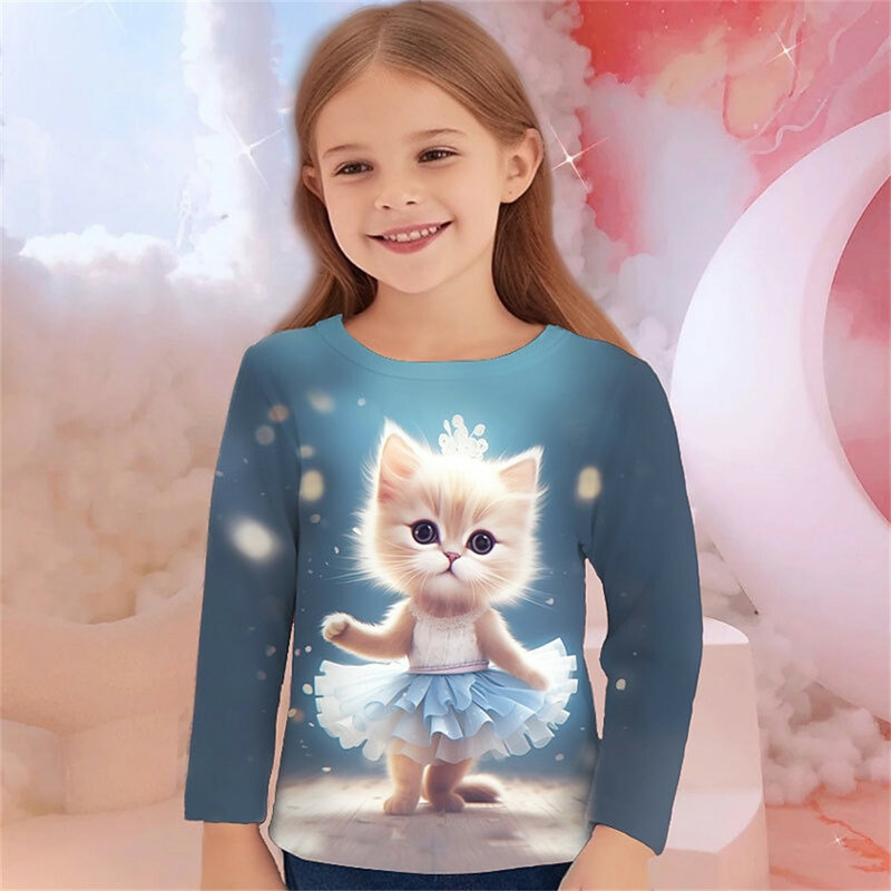 2024 Sommer Mädchen Junge Kinder T-Shirts Mode Katze drucken O-Ausschnitt Kleidung Polyester Baby kleidung lässig Cartoon Kurzarm Top