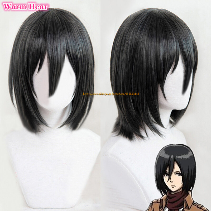 Парик для косплея Mikasa Ackerman, термостойкий для косплея с короткими волосами, 35 см, с шапочкой