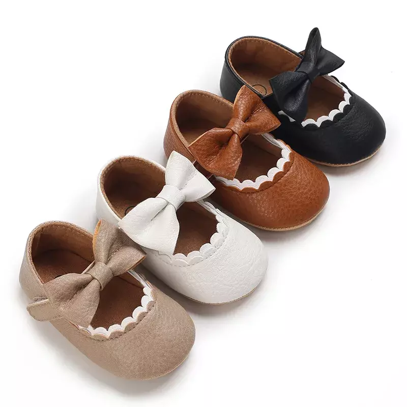 Sapatos baixos antiderrapantes para bebês, bowknot, borracha, PU, sola macia, branco, damasco, marrom, infantil, criança, primeiros caminhantes, E26