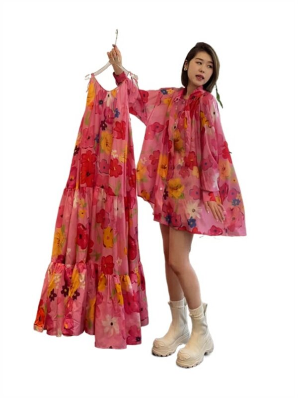 Robe en mousseline de soie florale rose pour femme, manches longues, Platycodon GrandiThorum, style français, printemps et été