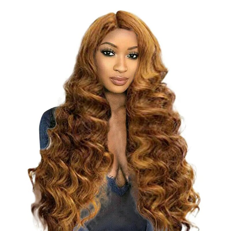 Wig gelombang emas untuk wanita Wig mode alami panjang Wig sintetis bagian tengah Wig tahan panas rambut palsu penggunaan pesta sehari-hari