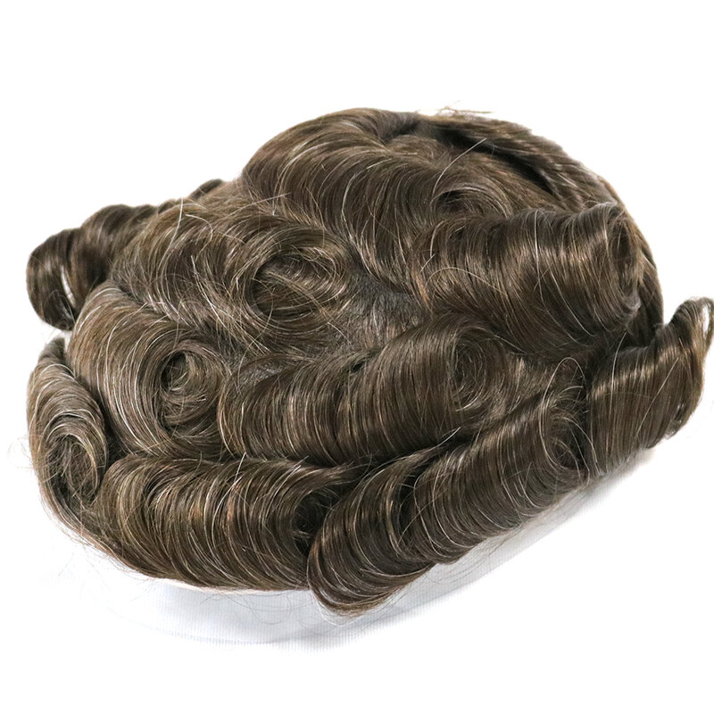 Rambut manusia pirang Platinum 100% rambut manusia v-looped PU 120-130% kepadatan rambut palsu untuk pria 0.06-0.08mm Sistem prostesis rambut dasar kulit